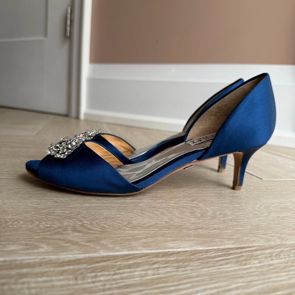 Badgley Mischka Blue Satin D’Orsay Peep Toe Crystal Heels Size 7 - Picture 7 of 14